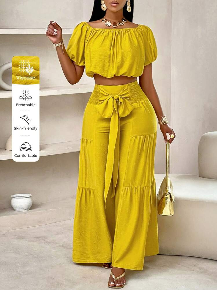 SOLERSUN Summer Beach Vacation Style One-Shoulder Puff-Sleeved Ruffled Strapless Crop Top & Wide Leg Pants Set For Summer | SHEIN
