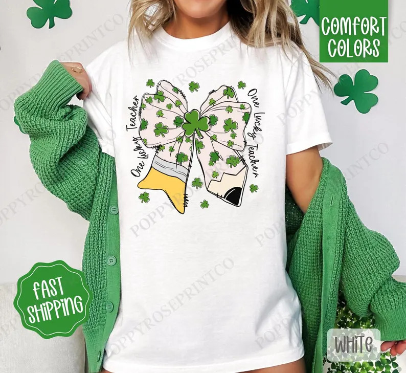 St Patrick Teacher Bow Shirt Comfort Colors, St Patrick's Day Women's Tee, Cute Women's Tshirt, T... | Etsy (US)