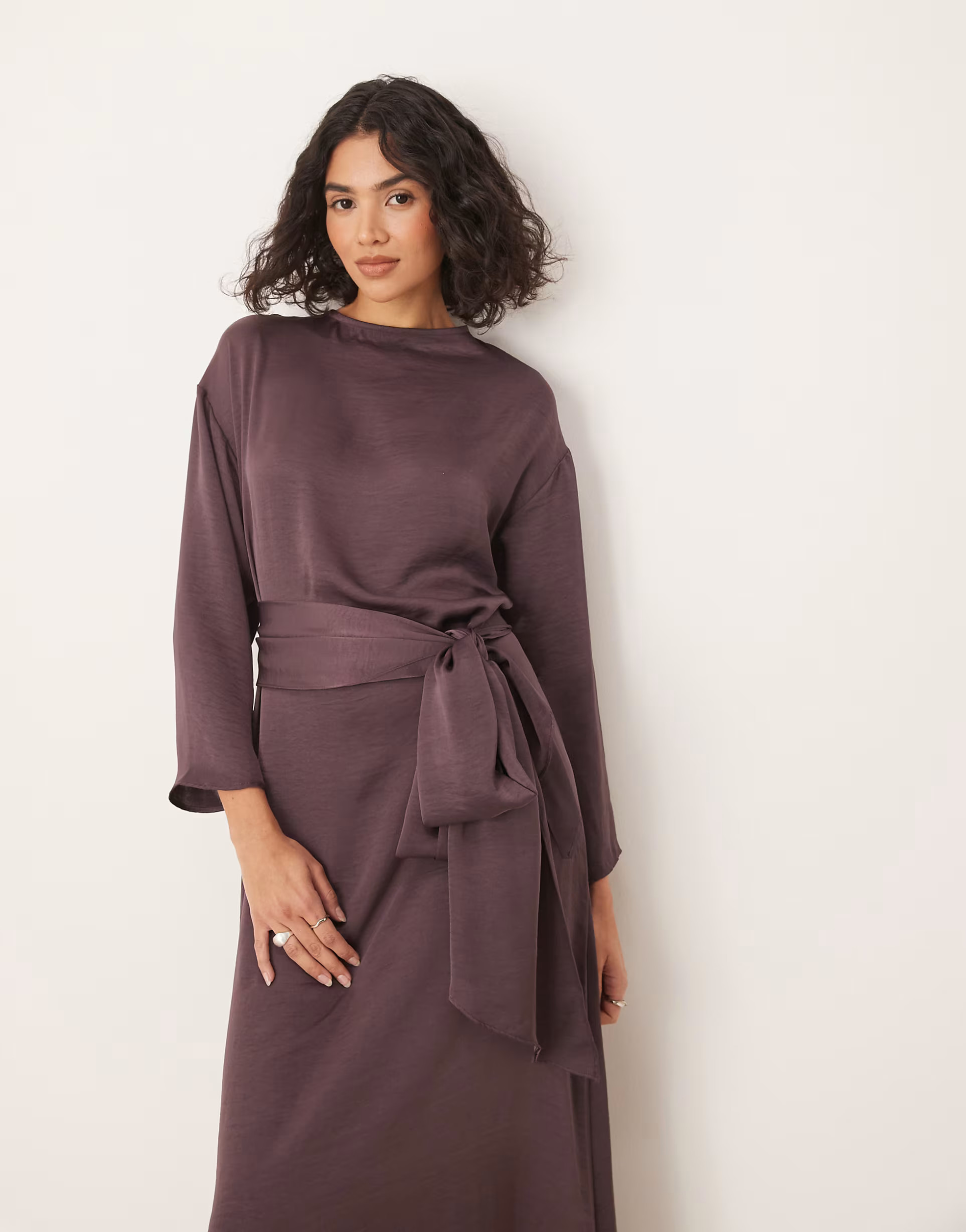 ASOS DESIGN satin long sleeved tie detail maxi dress in dusky mauve | ASOS | ASOS (Global)
