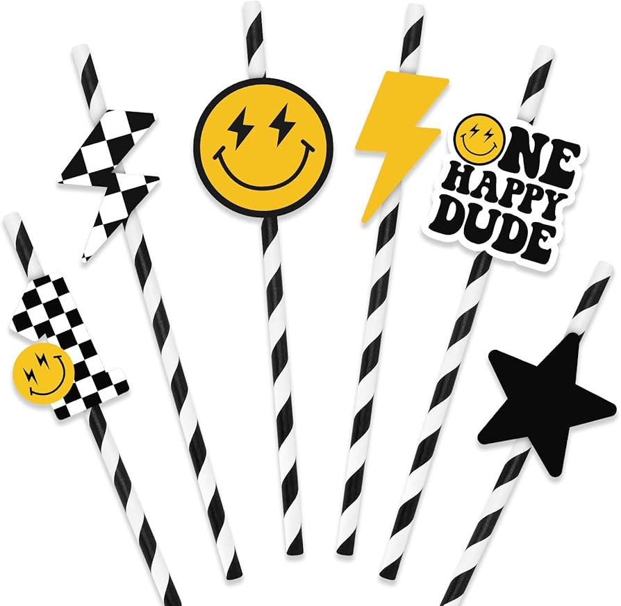 Sinasasspel 24 Pcs One Happy Dude Birthday Party Decoration Paper Straws Groovy One Party Decorat... | Amazon (US)