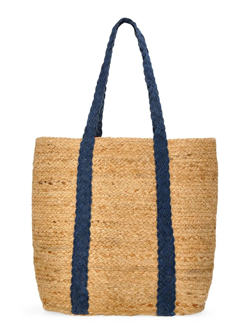 No Boundaries Women's Beach Icons Jute Tote Bag, Natural with Blue Denim | Walmart (US)