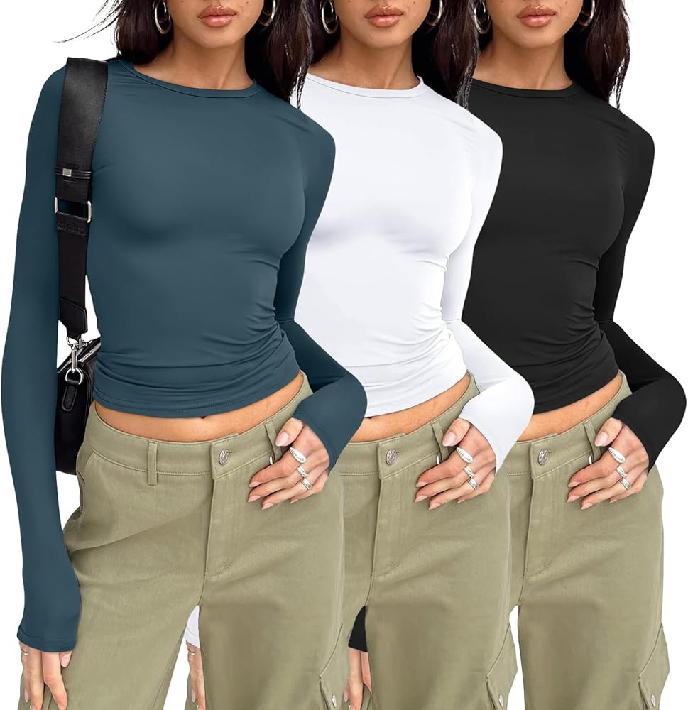 AUTOMET 3 Pack Womens Long Sleeve T Shirts Fall Fashion Basic Going Out Crop Tops Slim Fitted Win... | Amazon (US)