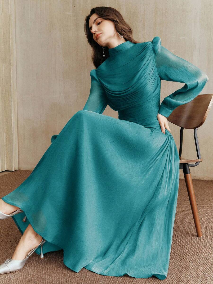 Anewsta New Elegant Ruched Collar Long Sleeve Dress For Women, Suitable For Fall, Winter, Spring,... | SHEIN