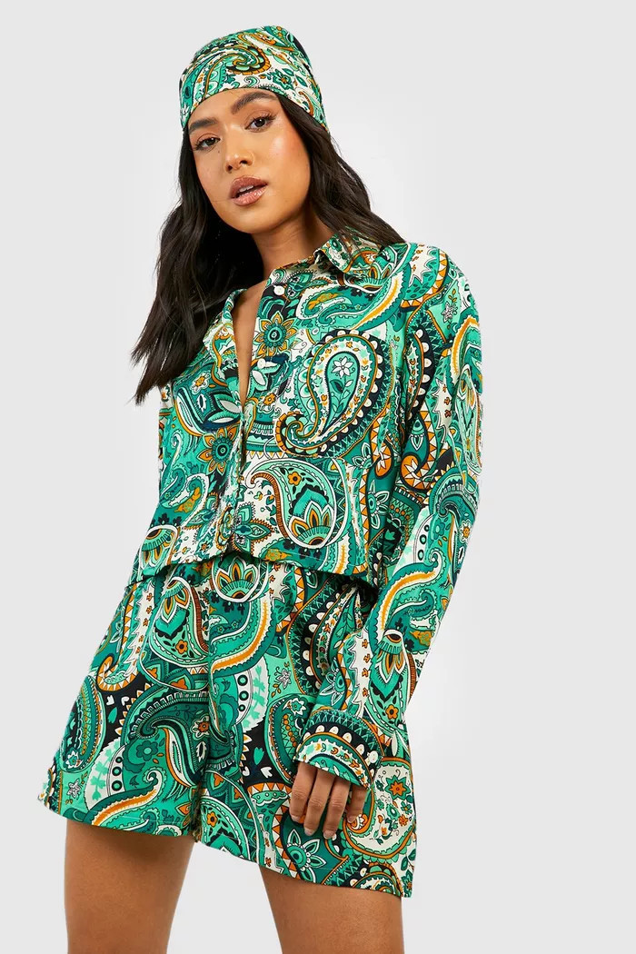 Petite Paisley Shirt Headscarf And Short Co-ord | boohoo (US & Canada)