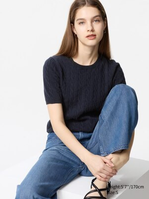 WOMEN'S CABLE CREW NECK SHORT SLEEVE SWEATER | UNIQLO AU | Uniqlo Australia
