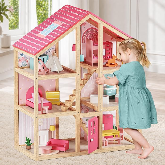 Tiny Land Wooden Dollhouse for Girls - 6 Rooms Wooden Doll House | Amazon (US)
