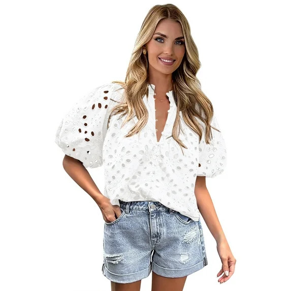 PRETTYGARDEN Women's Cotton Eyelet Blouse with Puff Sleeves, Sizes S-XXL | Walmart (US)