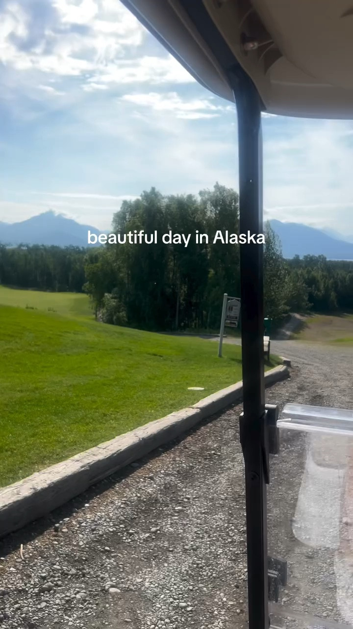 alaska golf views look like a green screen 
tiktok: thegolfgirlfriend 
•
•
•
alaska golf, golf, golf girlfriend, golf caddy, golf ball retriever, golf balls, golf humor, golfing, golfer, golf girl, putter, alaska