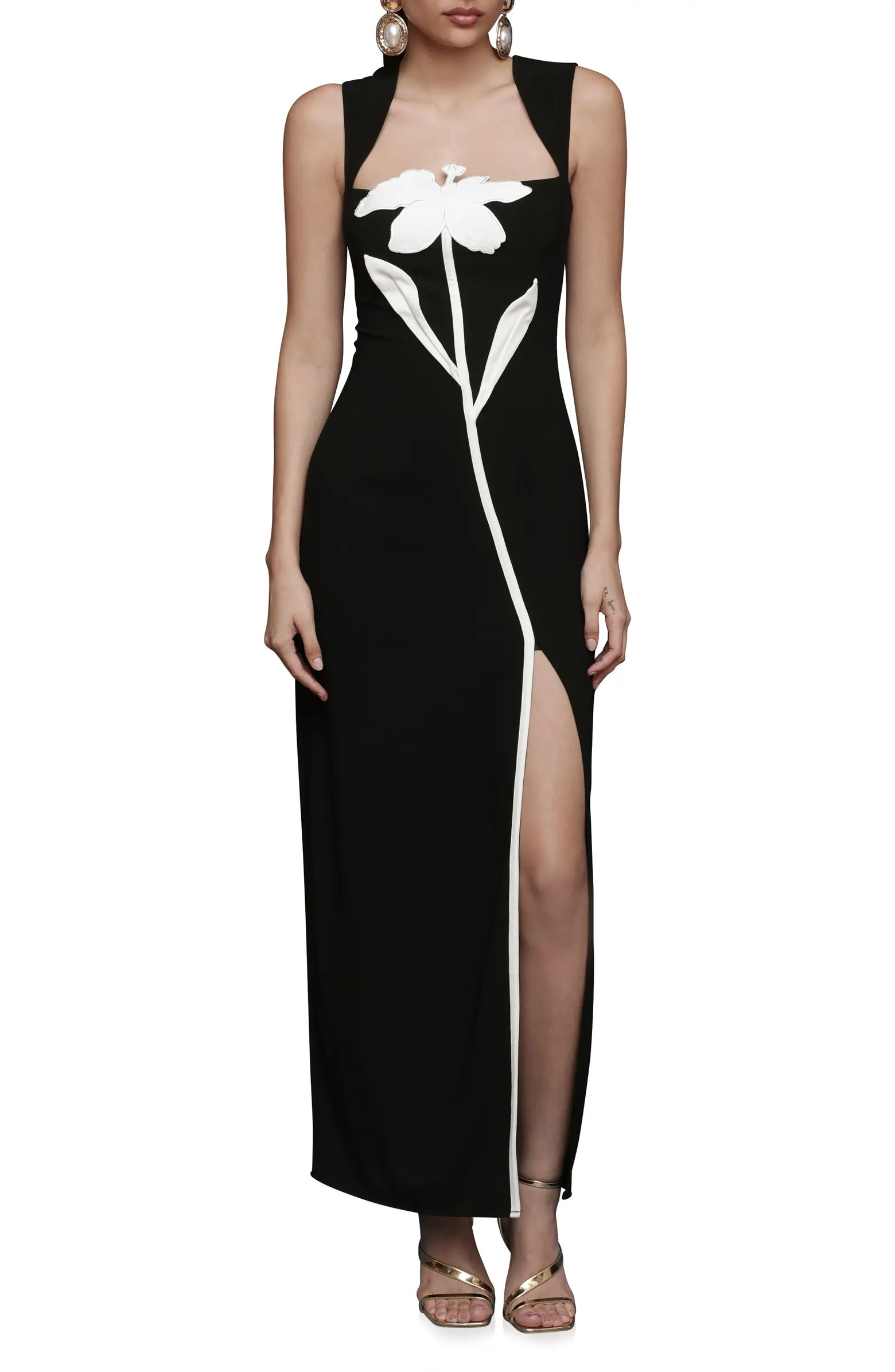 Floral Appliqué Queen Anne Neck Maxi Cocktail Dress | Nordstrom