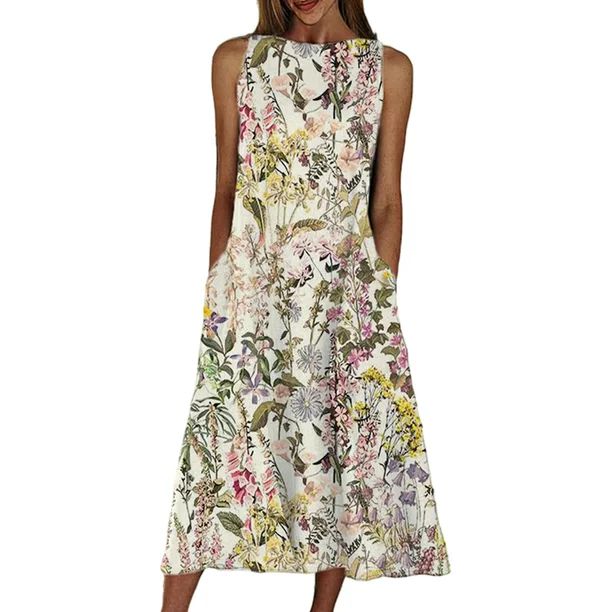 Colisha Summer Floral Print Midi Dress for Womens Casual Loose Pleated Tunic Dress with Pockets -... | Walmart (US)