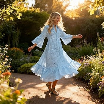 chouyatou Women's 2026 Lace Eyelet Embroidery Maxi Dress V-Neck Trumpet Sleeve Boho Flowy Swing D... | Amazon (US)