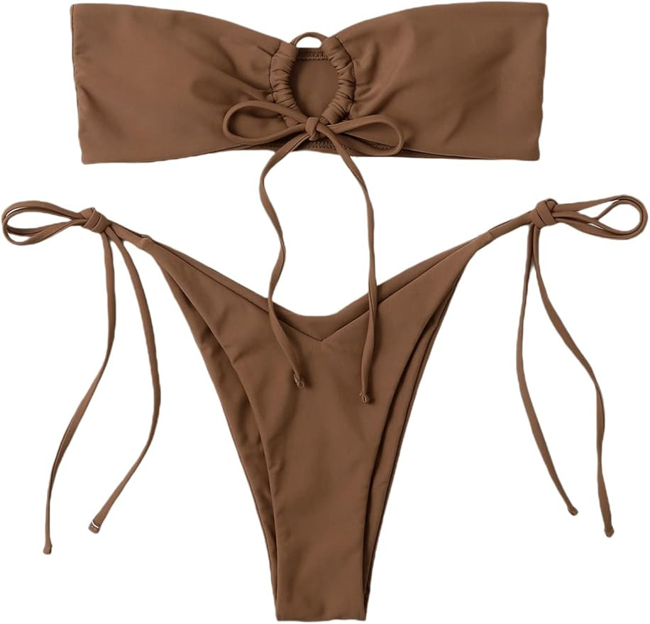 SheIn Women's Strapless Bandeau Bikini Set High Cut Waist Tie Side Thong Swimsuit Bathing Suit | Amazon (US)