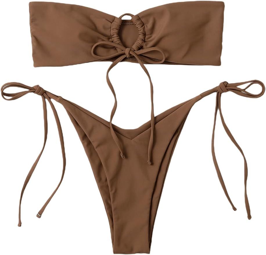 SheIn Women's Strapless Bandeau Bikini Set High Cut Waist Tie Side Thong Swimsuit Bathing Suit | Amazon (US)