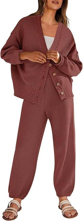 ANRABESS Women 2 Piece Outfits Waffle Knit Long Sleeve Cardigan Set Casual Sweater Pants Lounge S... | Amazon (US)