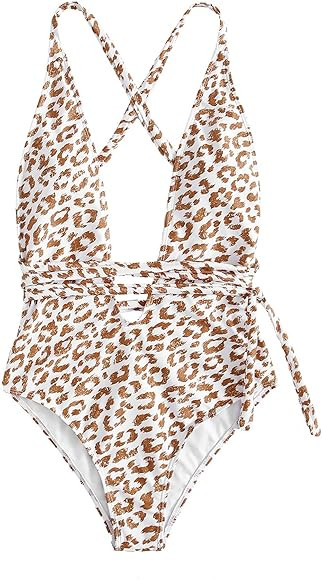 SweatyRocks Women's Sexy Bathing Suits Criss Cross Tie Knot Front Deep V Open Back Leopard One Piece | Amazon (US)