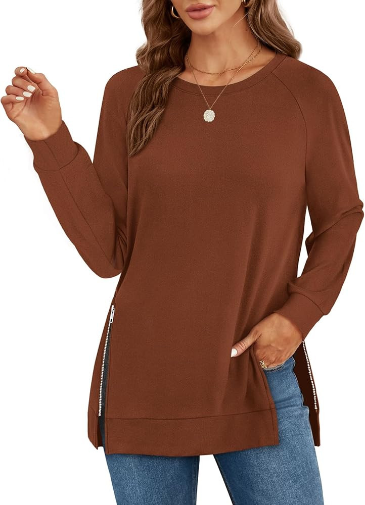 OFEEFAN Women's Sweatshirts Long Sleeve Tunic Tops Crew Neck with Side Zipper Shirt 2023 | Amazon (US)