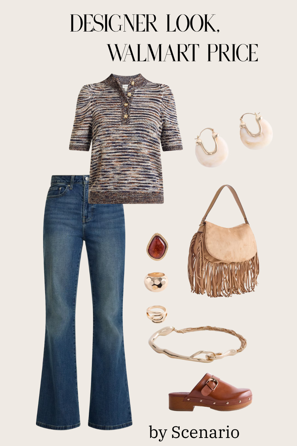 I love putting together a look that feels elevated without spending a fortune. This one has all the things I love for fall... flared denim, warm brown accessories, statement jewelry and lots of texture. Such an easy outfit formula.

#WalmartFashion #WalmartFinds #FallStyle #FallFashion #AffordableStyle #AffordableFashion #DesignerInspired #EverydayStyle #OutfitInspo #FallOutfitIdeas #StyleOver50 #MidlifeStyle #LTKStyle #LTKFinds #ScenarioFashion 

 