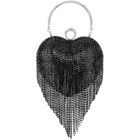 UMREN Women Luxury Heart Shape Tassel Evening Clutch Bag Rhinestones Wedding Party Purse Handbag | Amazon (US)