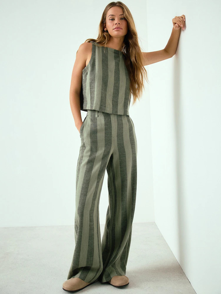 Khaki Green Stripe Smart Front Linen Blend Wide Leg Trousers | Next EU