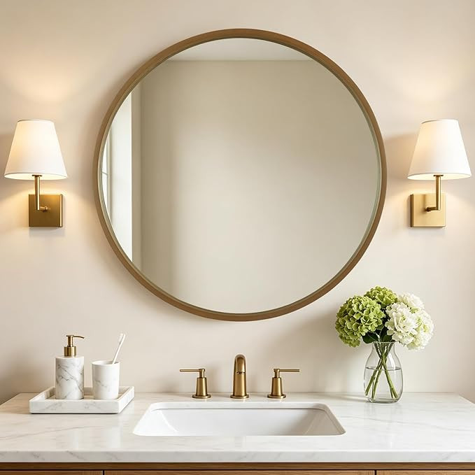 36 Inch Natural Round Wood Mirror, Large Circle Wooden Frame Wall Mirror for Bathroom, Living Roo... | Amazon (US)