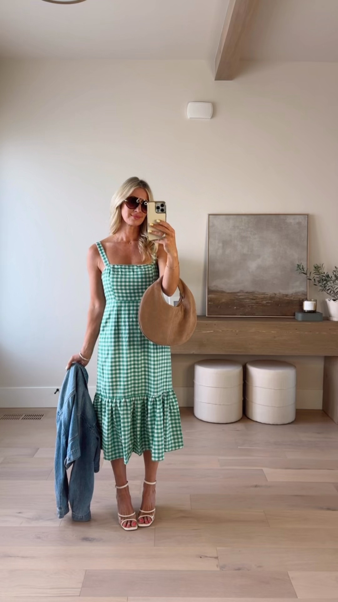 Cutie gingham dress perfect for any occasion 
Clear heels /wedge (size up) 
Cropped denim jacket 
Suede bag 
Summer outfit idea 
Mother’s Day 

#LTKSeasonal #LTKMothersDay #LTKootd