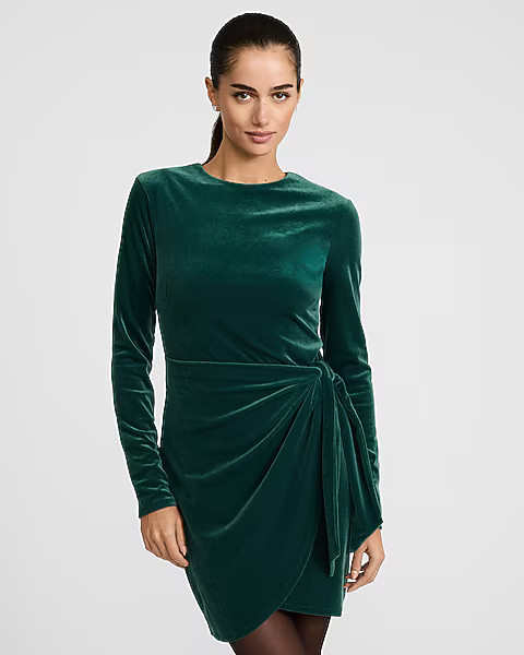 Velvet Crew Neck Long Sleeve Ruched Wrap Mini Dress | Express