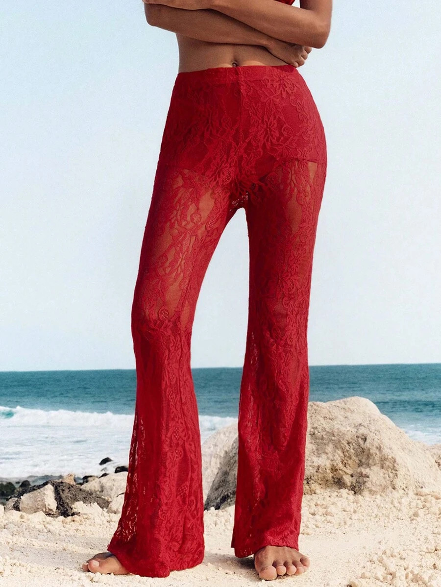 Opulessa Vacation Knit Lace High Waist Flare Leg Women Pants | SHEIN