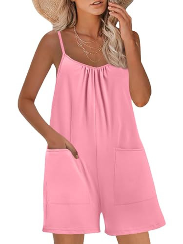 Nfsion Womens Casual Sleeveless Romper Loose Spaghetti Strap Shorts Overalls Jumpsuit with Pockets Summer Clothes Medium Light pink | Amazon (US)
