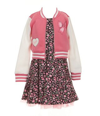 Little Girls Long Sleeve Screen Embossed Varsity Jacket & Sleeveless Floral Printed Dress Set | Dillard's