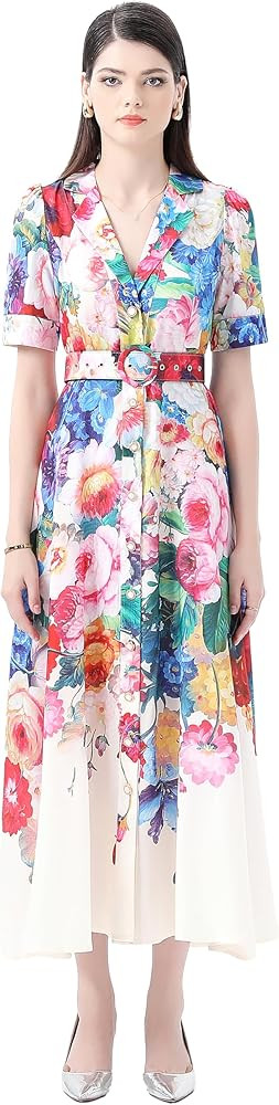 LAI MENG FIVE CATS Women's V-Neck Front Button Floral Print Short Sleeve Waist Belt Maxi Dress | Amazon (US)