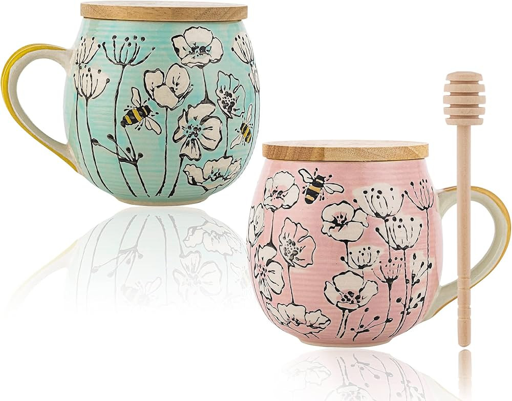 Taimei Teatime Ceramic Coffee Mug, Set of 2, 16.9-oz Large Coffee Mug with Lid, Handpainted Bee a... | Amazon (US)