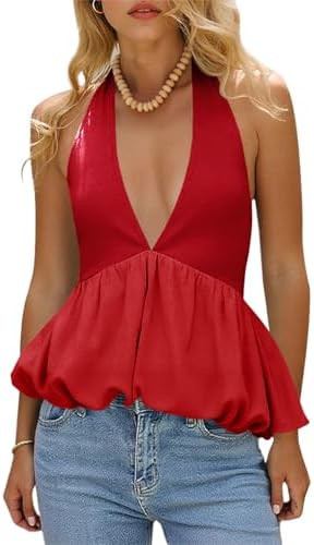 Tankaneo Womens Deep V Neck Halter Tank Tops Summer Trendy Casual Bubble Hem Tie Back Sleeveless ... | Amazon (US)