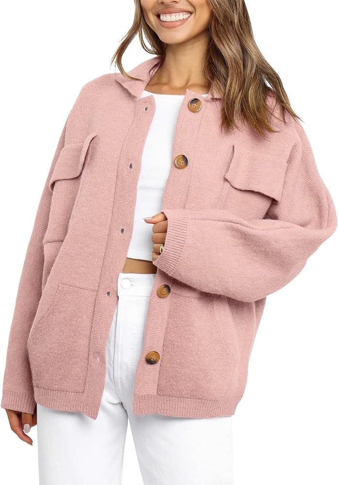 WONETA Women's Long Sleeve Button Down Open Front Cardigan Knitted Sweater Jacket Turn Down Collar S | Amazon (US)