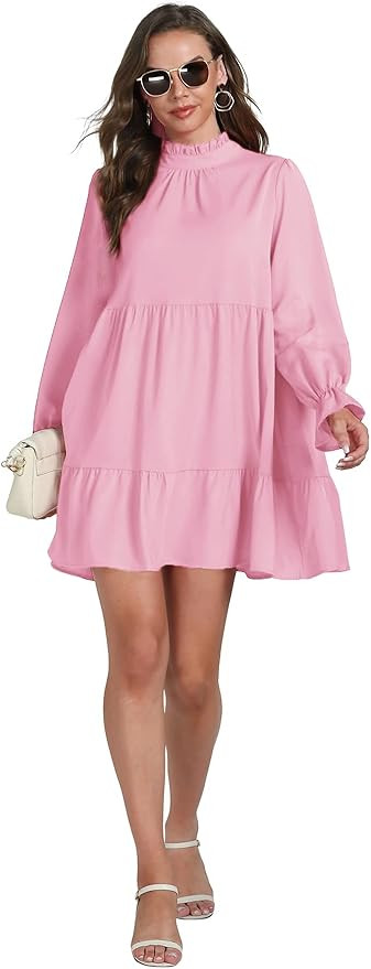 Umenlele Women’s Mock Neck Long Sleeve Tiered Ruffle Smocked Flowy A Line Babydoll Mini Dress | Amazon (US)