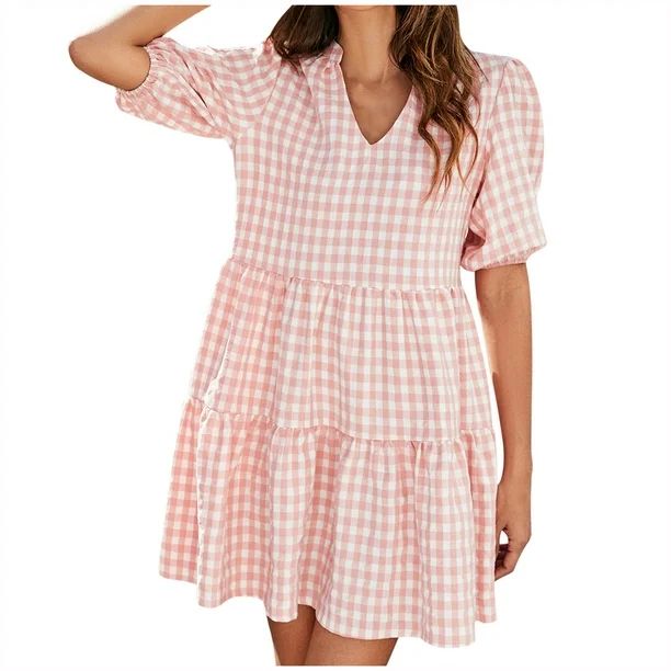 VOBERRY Women's Spring V-neck Puff Sleeve Casual Plaid Dress Print Pink XL - Walmart.com | Walmart (US)