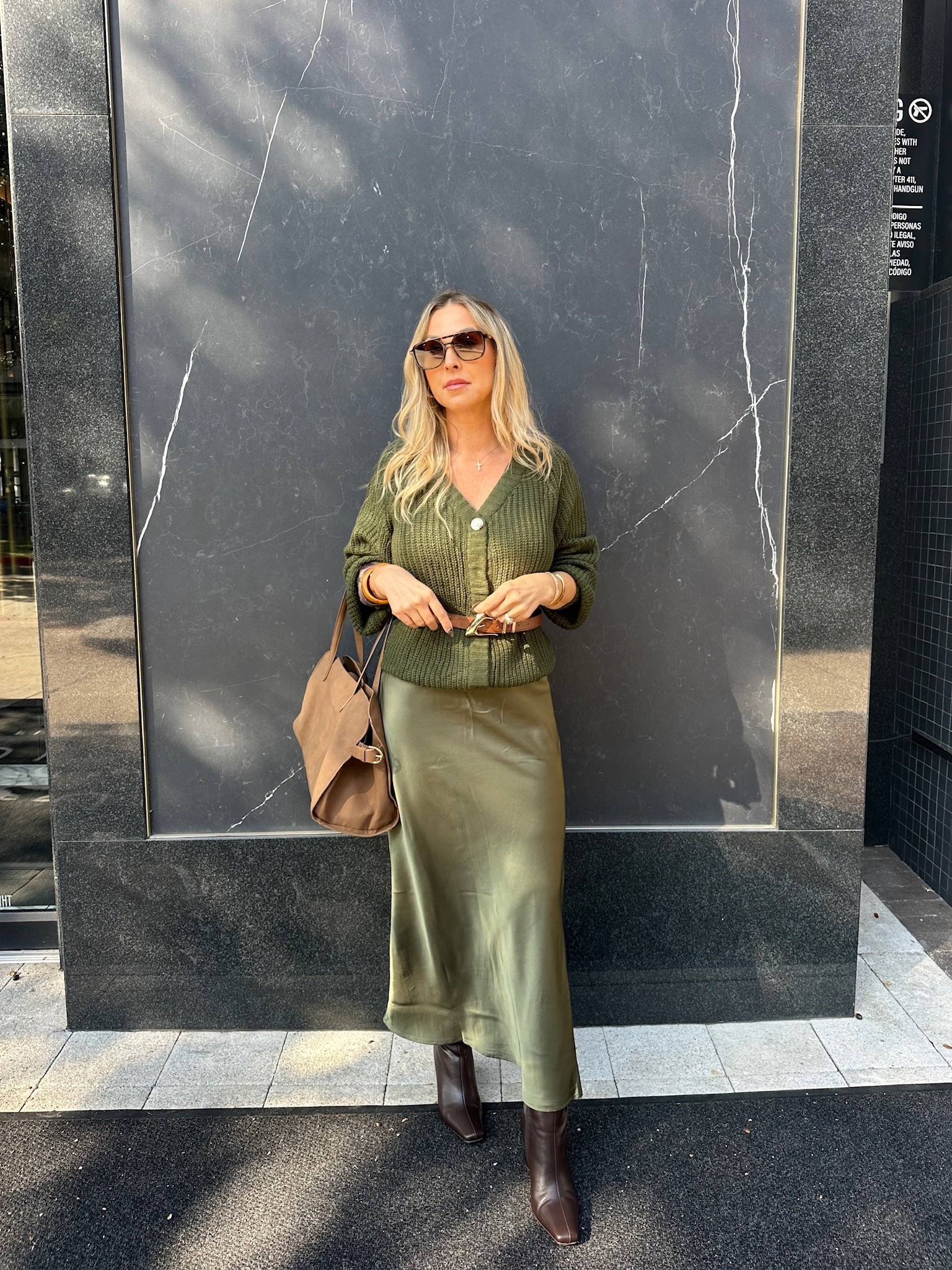 This green on green outfit is a new fave! I love the different textures (silk and knit) for fall and the color is so pretty! The cardigan and satin slip skirt are from Amazon and look so much more expensive than they really are. I added an Amazon belt to finish off the look with my fave Amazon booties. This suede handbag is the last finishing touch. All items linked⬆️

#Itkcreator #Itkfinds
#Itkwatchnow #amazon #amazonfinds #satinskirt #sweater #cardigan #boots #chocolatebrown #espressobrown #sunglasses #suede #suedebag

#LTKStyleTip #LTKSeasonal #LTKItBag