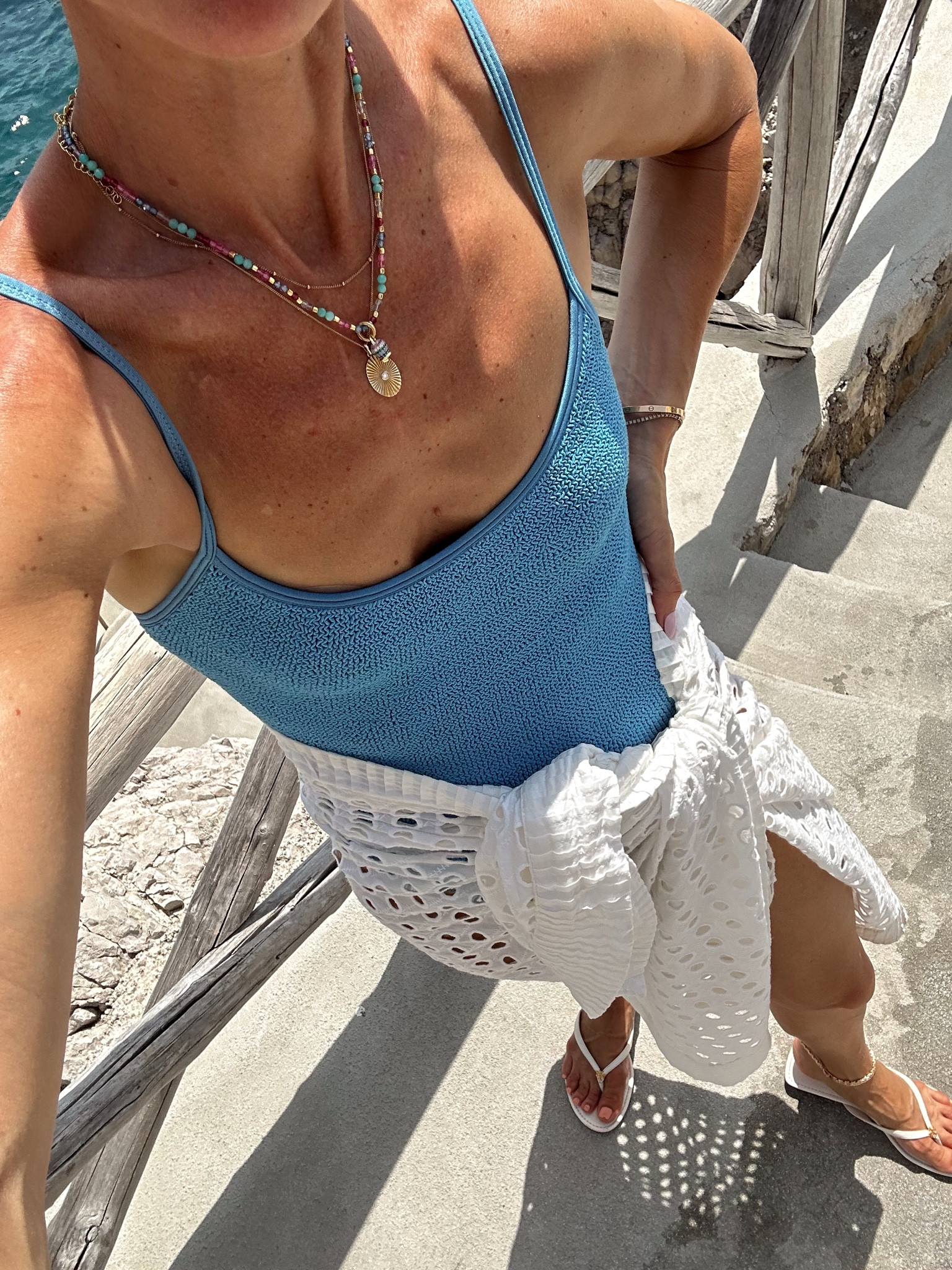 Today’s swim outfit 
Blue crinkle suit 
Eyelet one piece sarong 

#LTKstyletip #LTKswim #LTKtravel