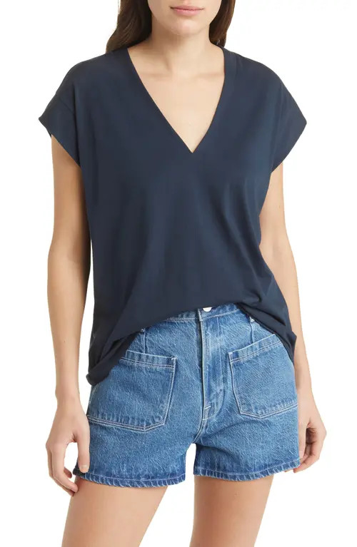 FRAME Le Mid Rise V-Neck T-Shirt in Navy at Nordstrom, Size Medium | Nordstrom