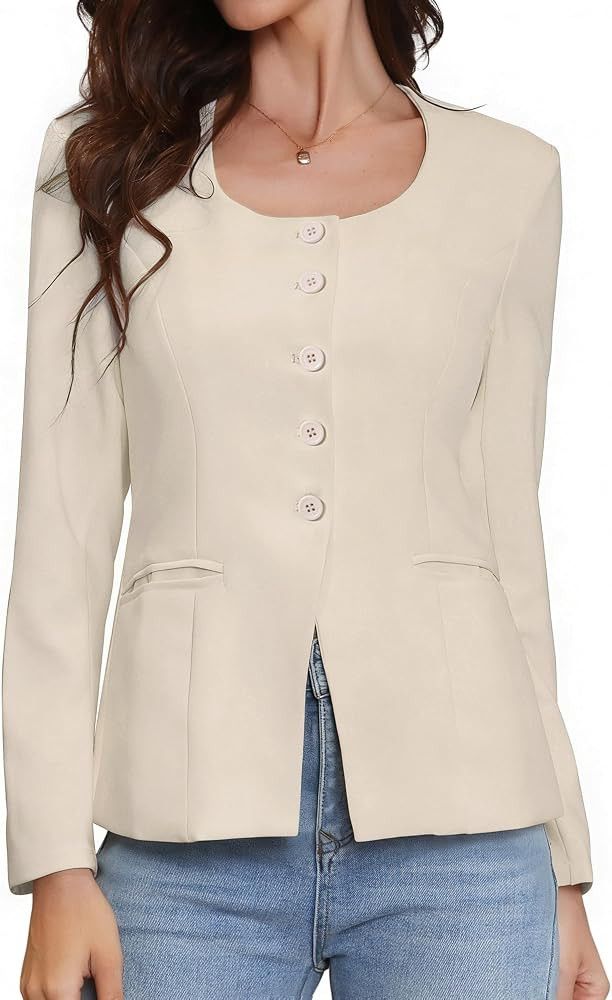 Allegra K Collarless Blazers for Women Button Down Scoop Neck Split Hem Business Casual Work Fitt... | Amazon (US)