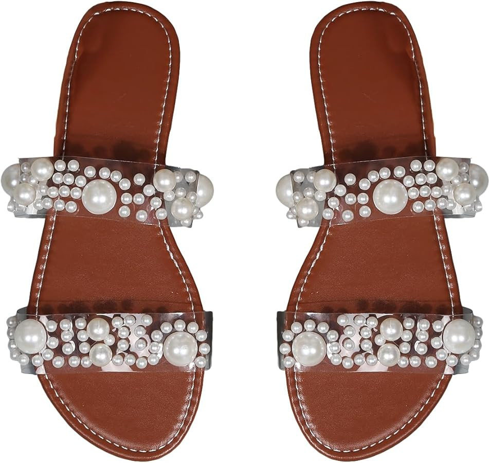 OYOANGLE Women's Pearl Decor Clear Double Strap Open Toe Slide Sandals Dressy Summer Slip on Flat... | Amazon (US)