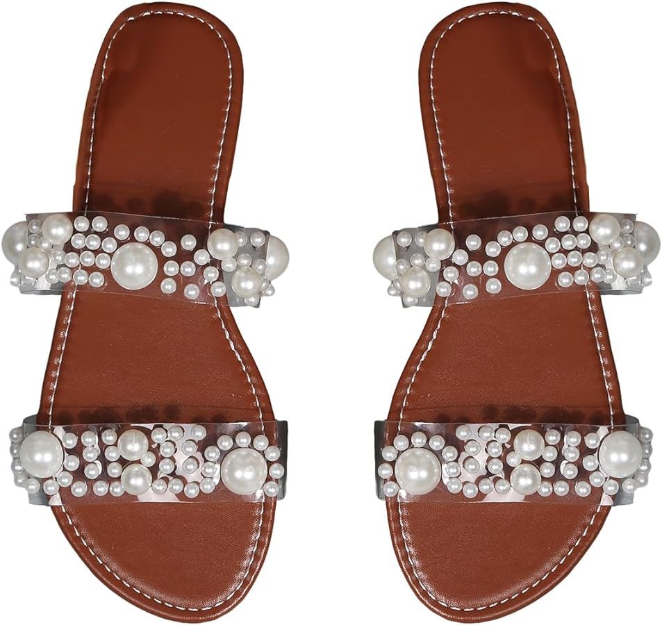 OYOANGLE Women's Pearl Decor Clear Double Strap Open Toe Slide Sandals Dressy Summer Slip on Flat... | Amazon (US)