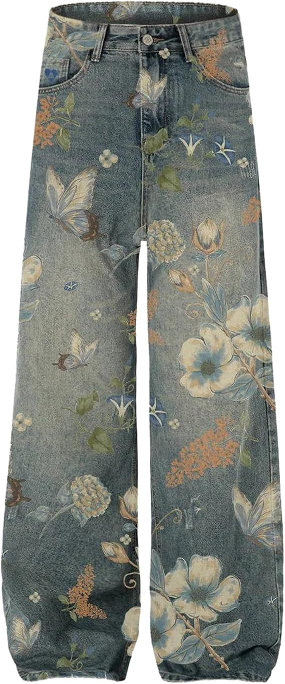 Aelfric Eden Plant Flower Print Baggy Jeans Men Harajuku Wide Leg Jeans Y2k Hip Hop Boyfriend Den... | Amazon (US)