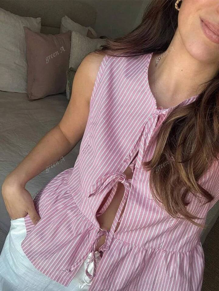 Women Casual Pink & White Striped Round Collar Tie Front Shirt | SHEIN