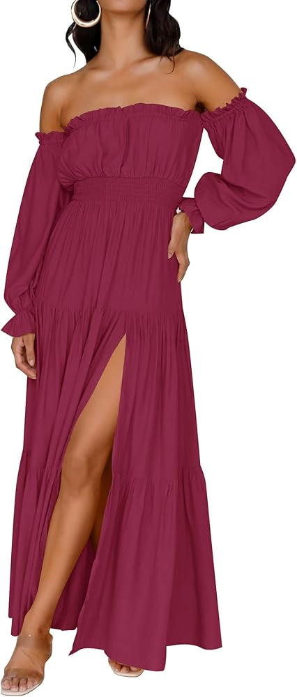 ZESICA Women's 2024 Boho Sexy Off Shoulder Long Sleeve Smocked High Waist Side Split Flowy A Line... | Amazon (US)