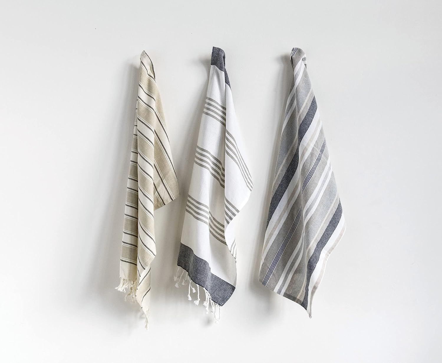 Creative Co-Op Grey & Tan Striped Cotton Tea Towels with Tassels (Set of 3) Entertaining Textiles... | Amazon (US)