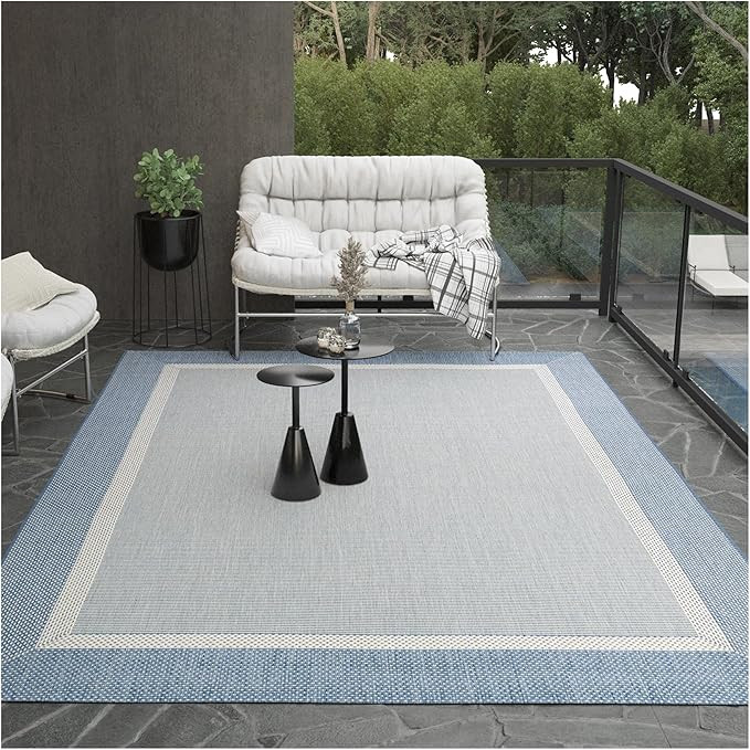 Couristan Recife Indoor Outdoor Rug - Stria Texture 7'6" x 10'9" Rectangle in Ivory and Blue, Hos... | Amazon (US)