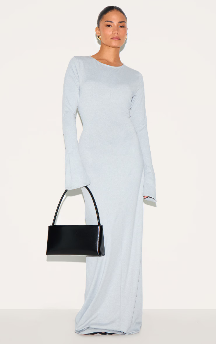 Petite Ash Grey Slinky Seam Detail Flared Sleeve Maxi Dress | PrettyLittleThing UK