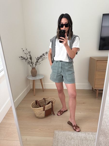 Gap Carpenter shorts. These are great. Like some of the best I have in this style. I sized up. Green color is a little more blue than I like but comes in multiple colors. 

Everlane tee medium
Gap shorts 2
Hermes Oran sandals 35
Loewe tote medium
J.crew sweater xs
Celine sunglasses  

#LTKitbag #LTKfindsunder100 #LTKshoecrush