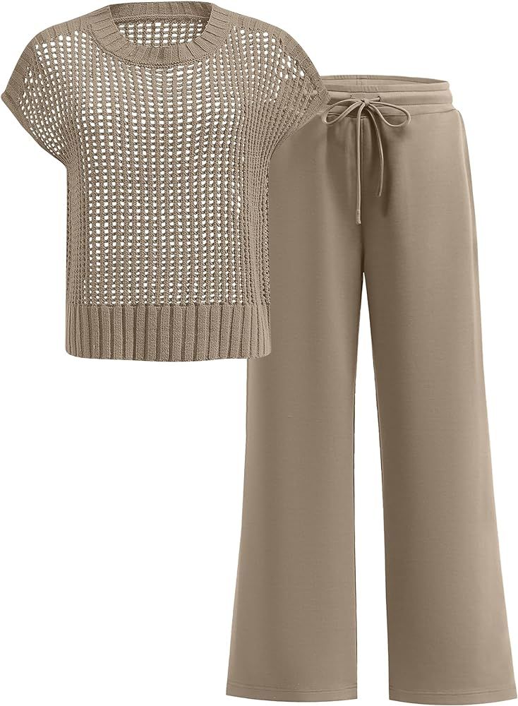 ANRABESS Women Two Piece Outfits Crochet Sheer Knit Sweater Top Wide Leg Pants Lounge Matching Se... | Amazon (US)