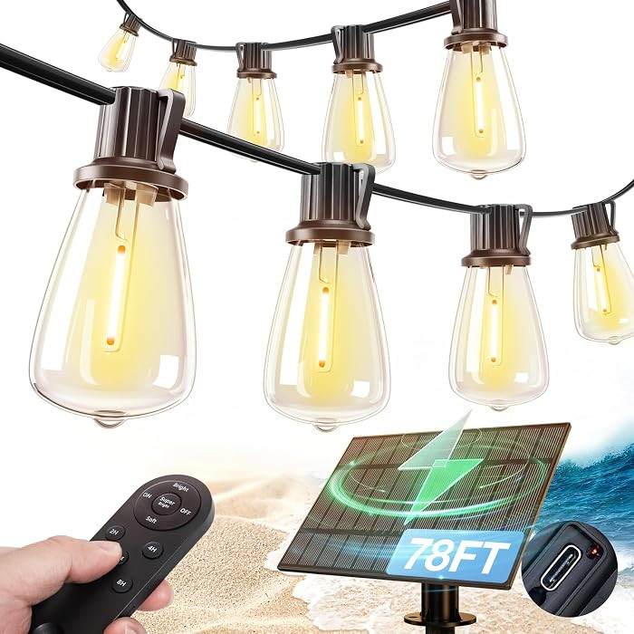 addlon 78FT(72+6) Solar String Lights Outdoor Waterproof with Remote & USB | Amazon (US)